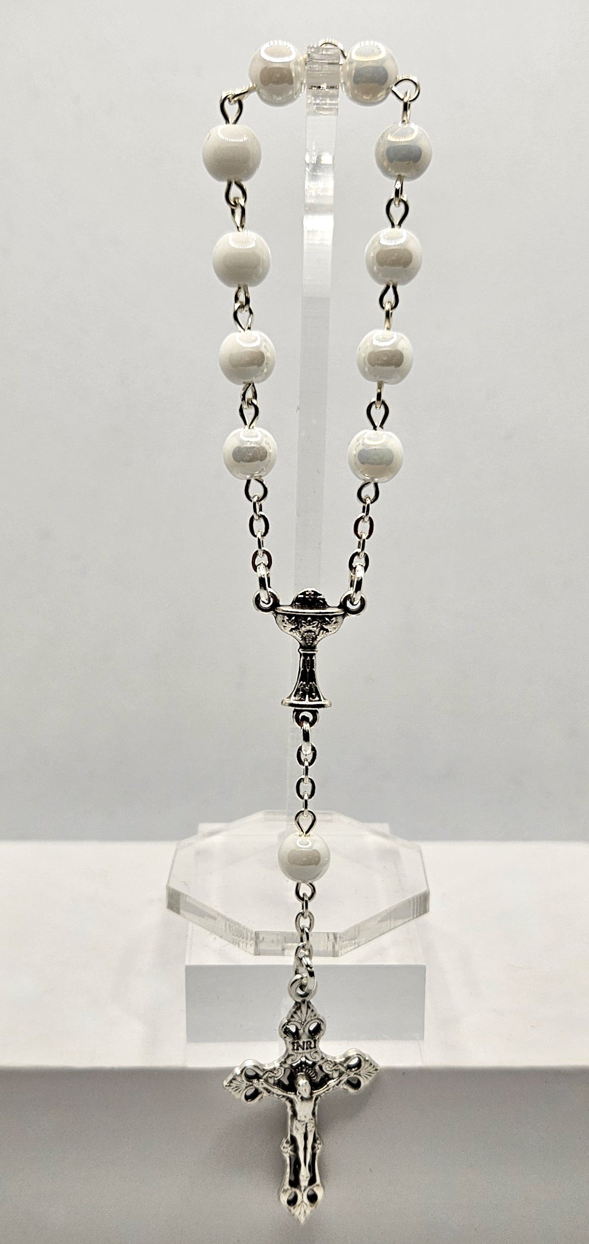 White Glass Pearl First Holy Communion Pocket Rosary