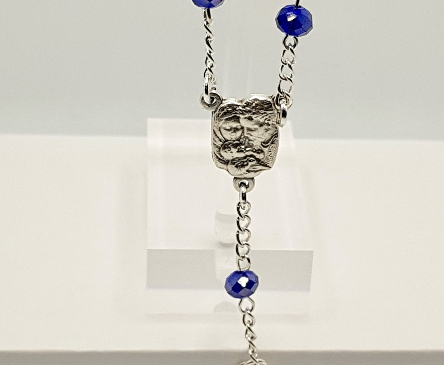 Holy Family Royal Blue Cut Glass Pocket Rosary