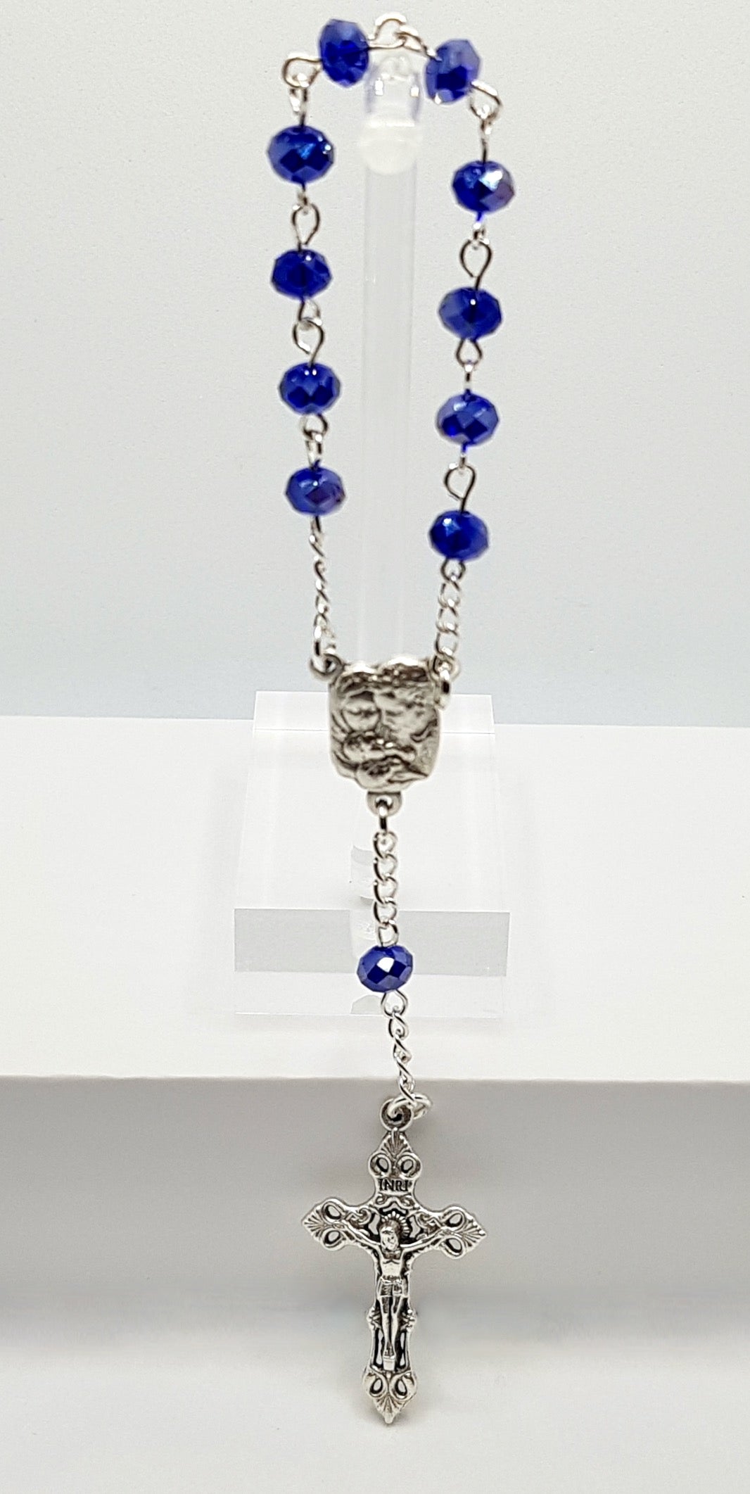 Holy Family Royal Blue Cut Glass Pocket Rosary