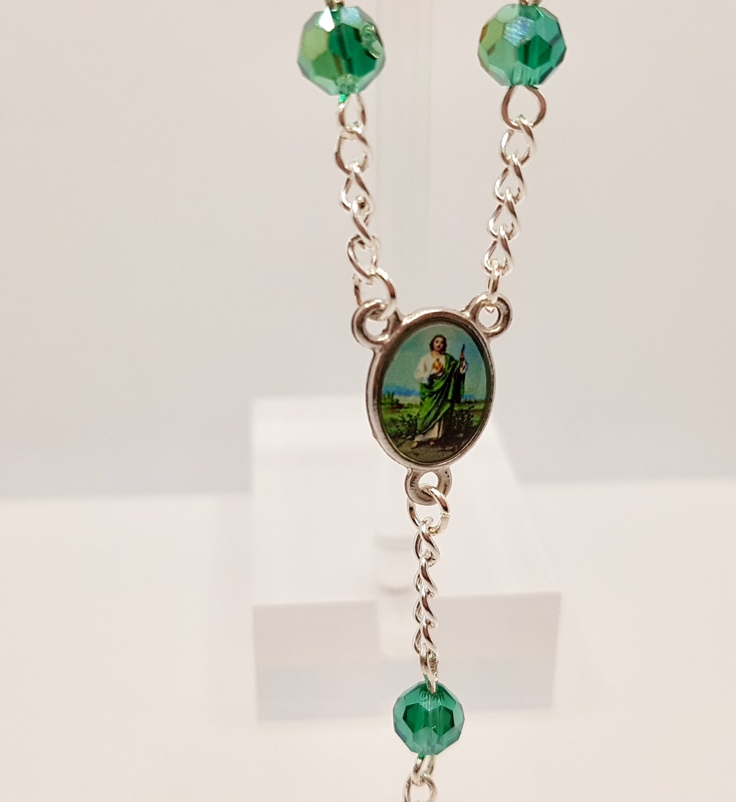 St. Jude Green Glass Pocket Rosary
