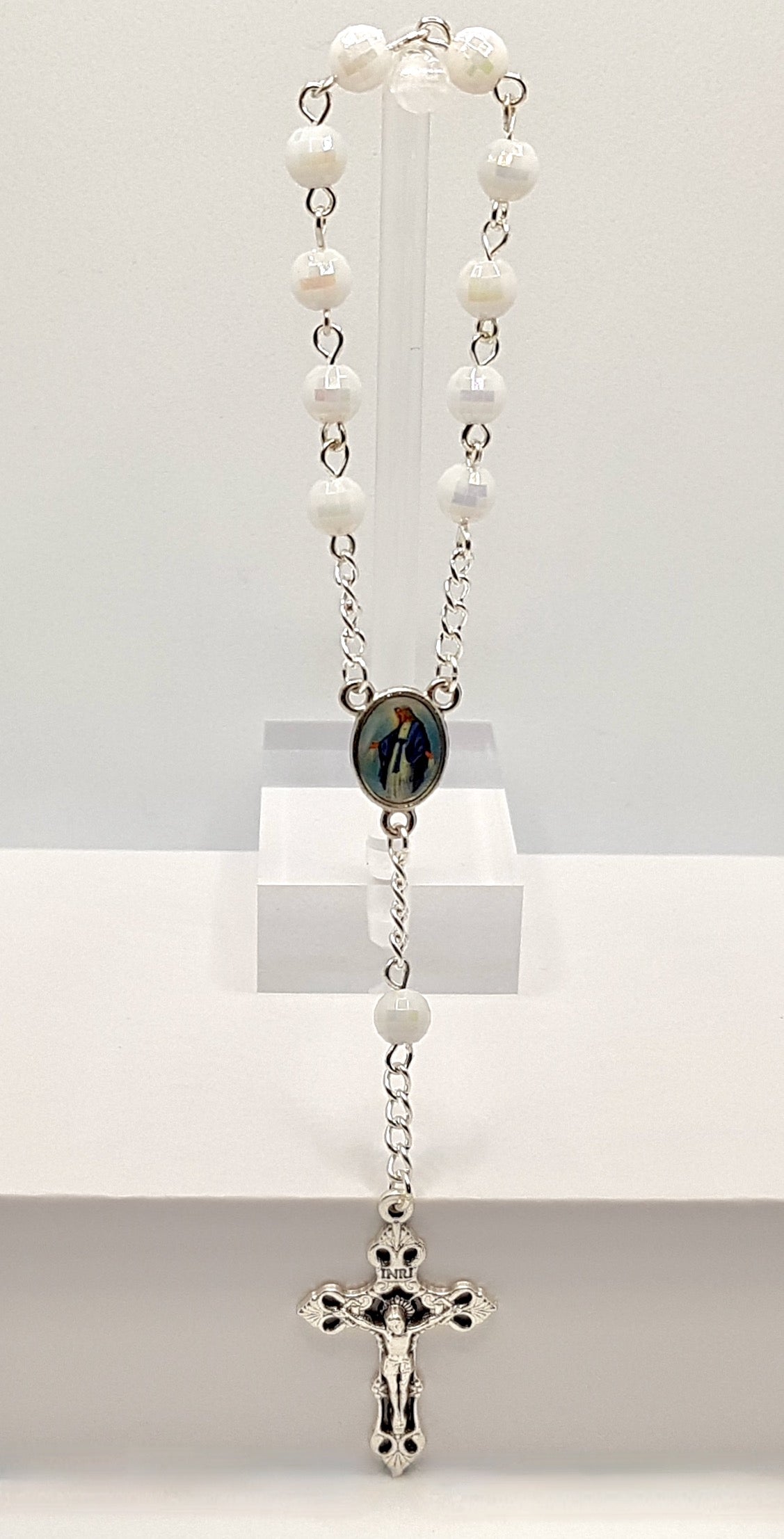 Our Lady of Grace White Lustred Pocket Rosary