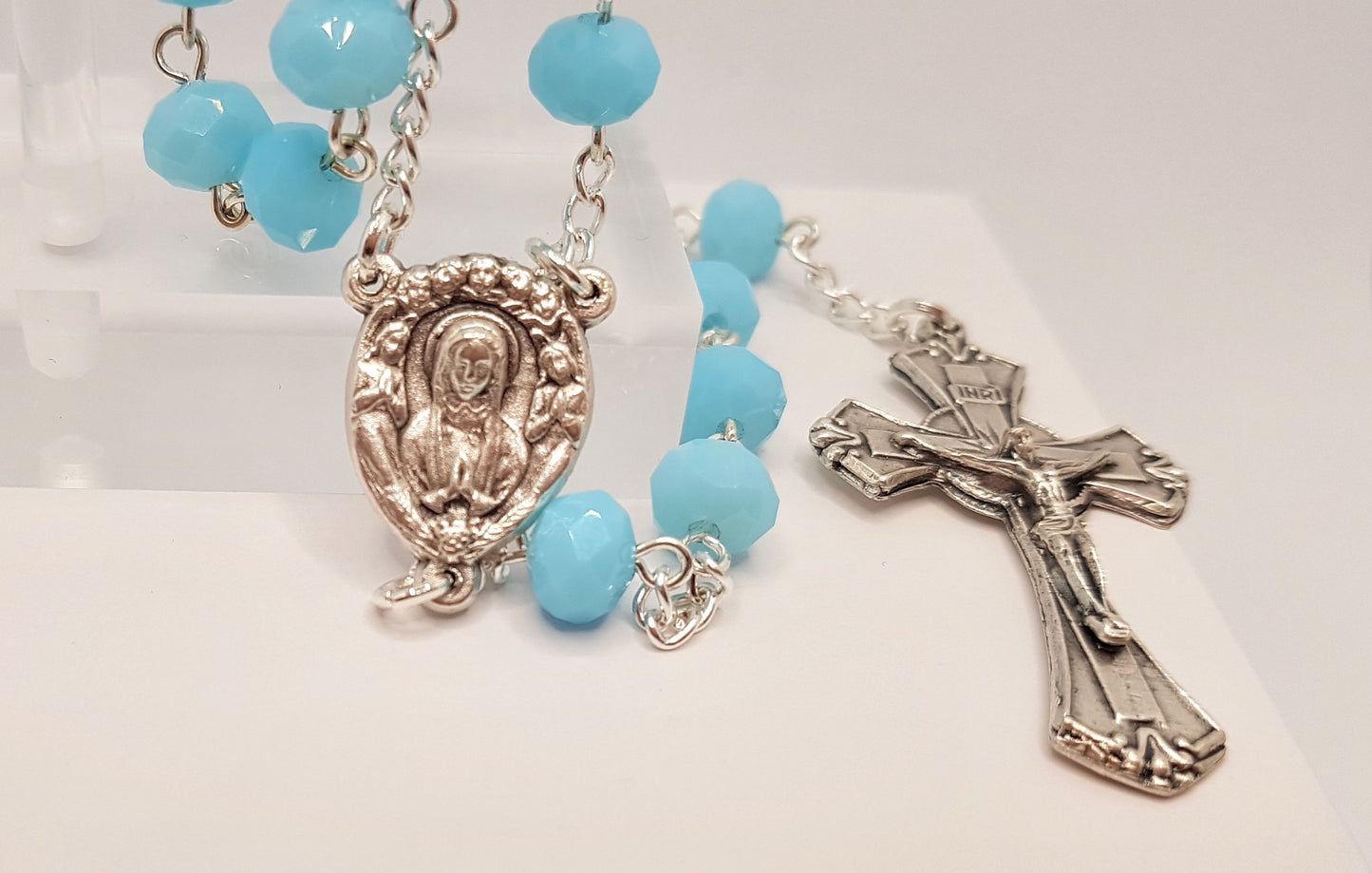 'Our Lady Queen of Angels' Opaque Sky Blue Rosary