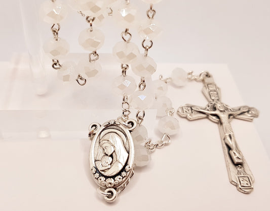 Our Lady & Infant Jesus Sacred Heart White Lustred Rosary