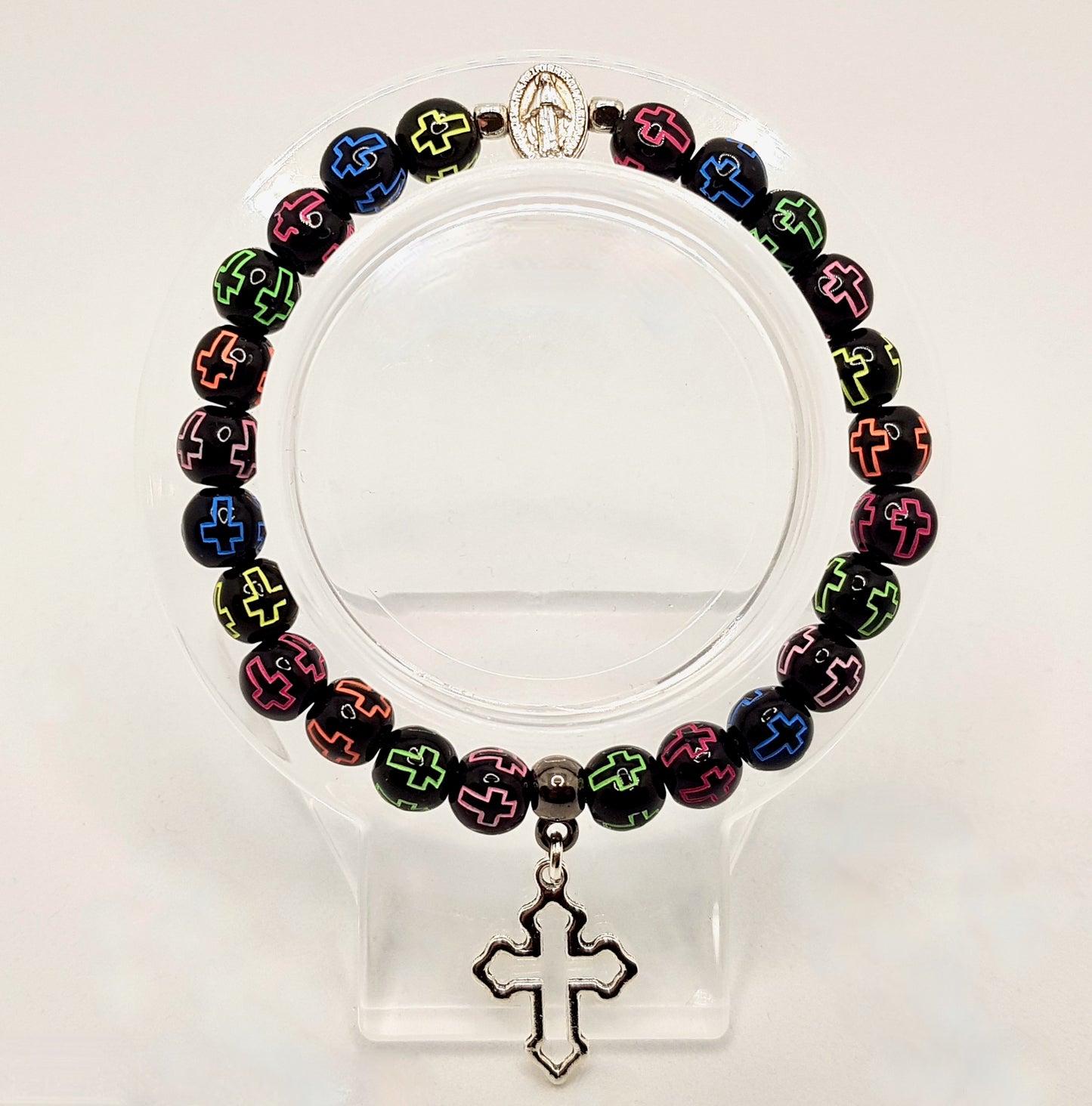 Miraculous Medal Neon Crosses Stretch Bracelet