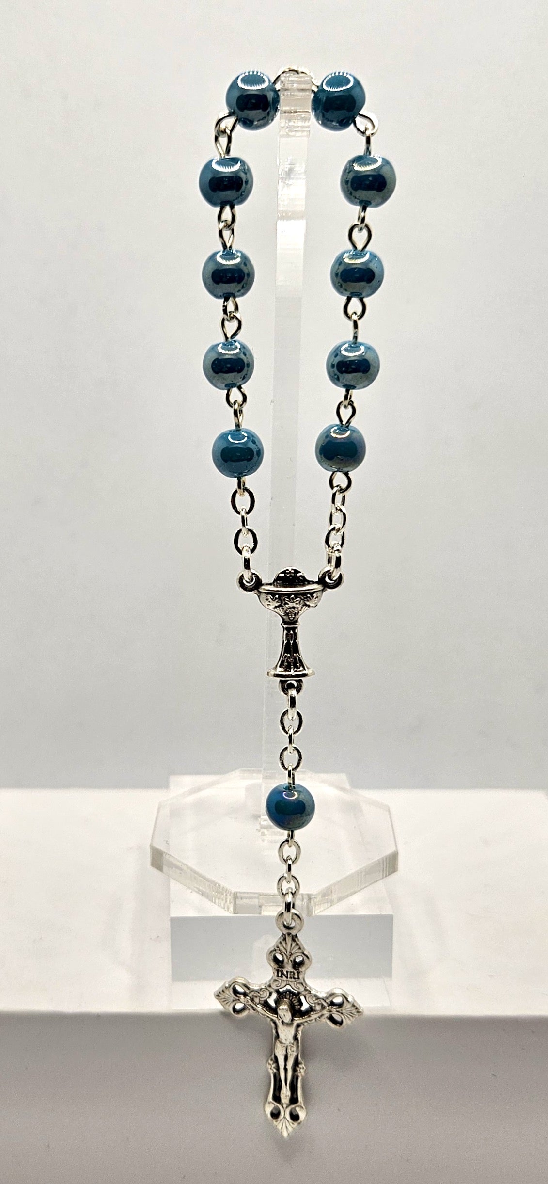 Blue Glass Pearl First Holy Communion Pocket Rosary