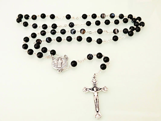 'St. Benedict' Black Banded Agate Rosary