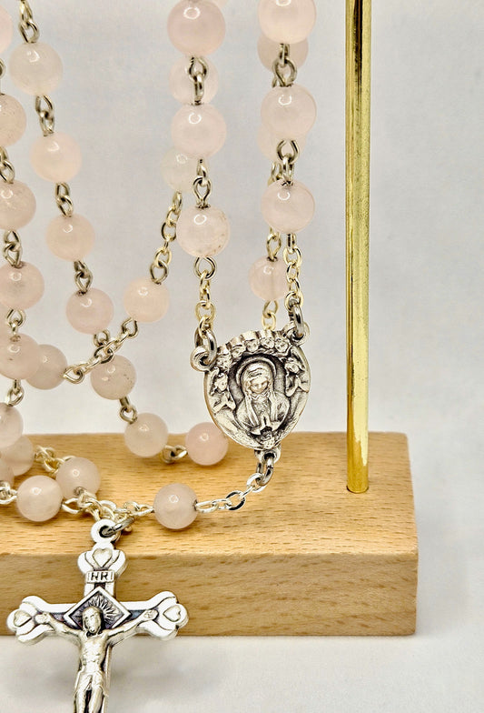 'Our Lady Queen of Angels' Rose Quartz Rosary