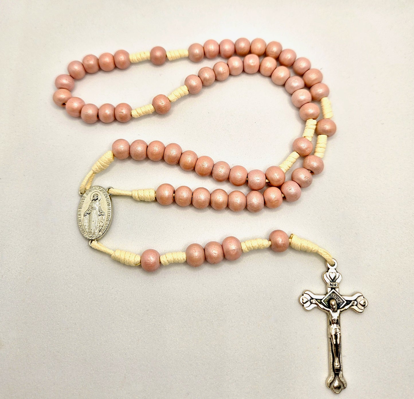 'Miraculous Medal' Pink and Cream Wooden Rosary