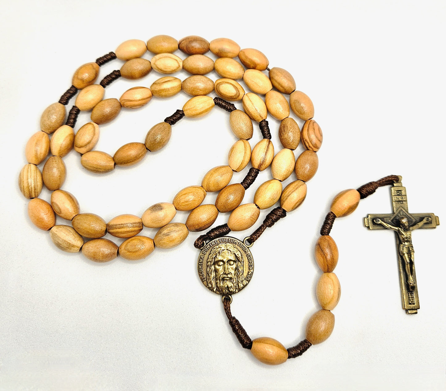 'Holy Face Of Jesus' Oval Olive Wood Cord Rosary