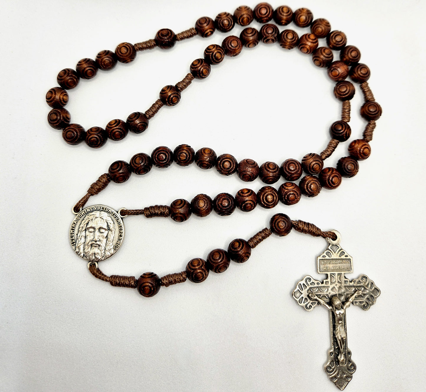 'Holy Face Of Jesus' Brown Carved Wooden Cord Rosary