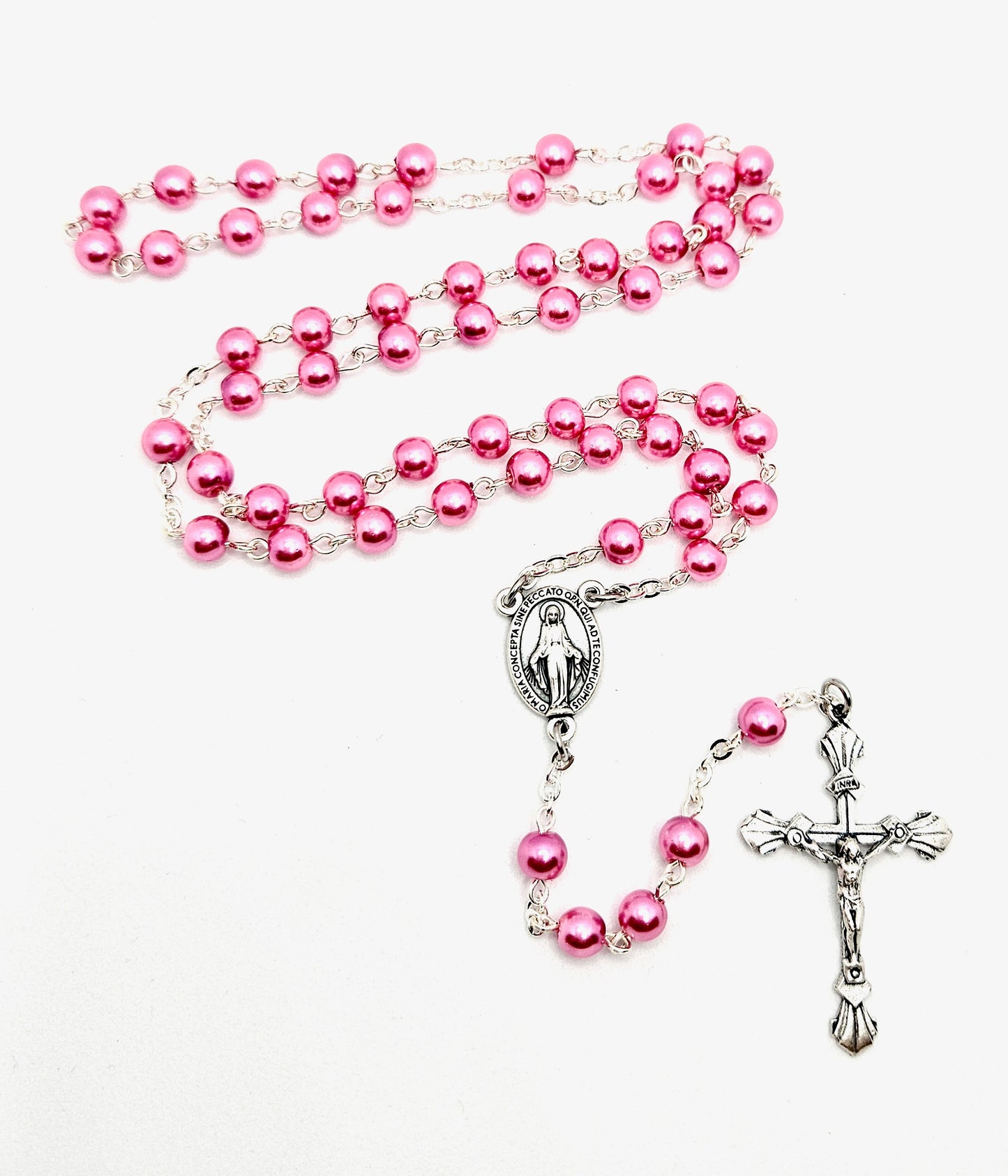 'Miraculous Medal' Dark Pink Pearl Rosary