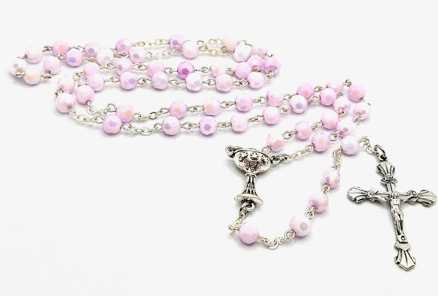 Iridescent Pastel Pink 'First Holy Communion & Eucharist' Rosary