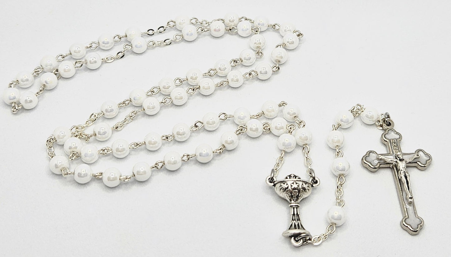White Glass Pearl 'First Holy Communion & Eucharist' Rosary