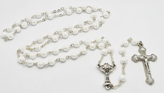 White Glass Pearl 'First Holy Communion & Eucharist' Rosary