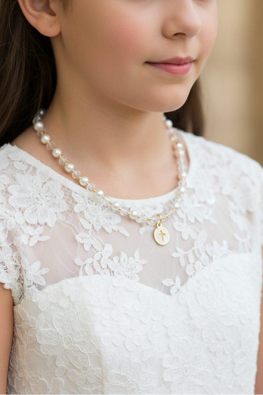 Pearl & Crystal Necklace With Gold Plated Cross Pendant