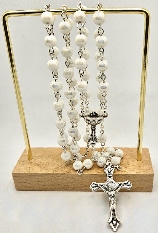 White Glass Pearl First Holy Communion Rosary