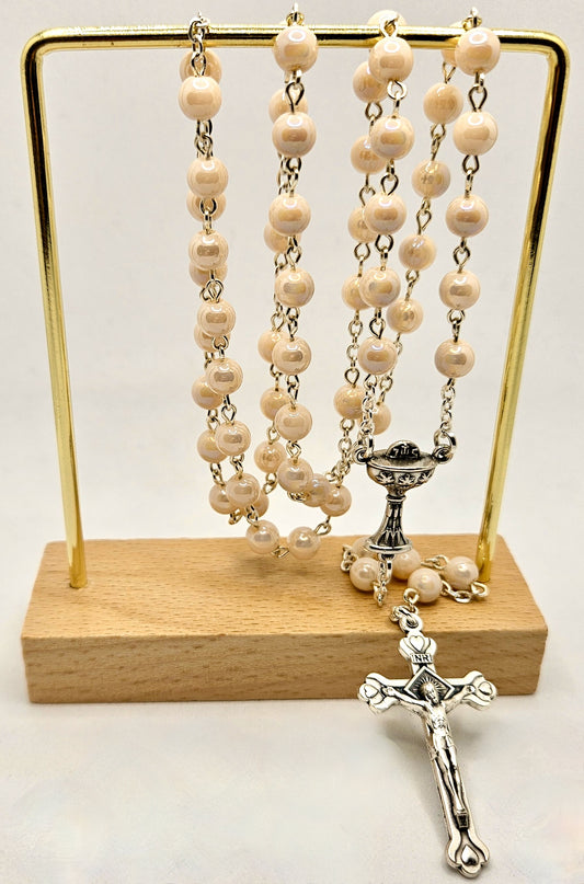 Pale Peach Glass Pearl First Holy Communion Rosary