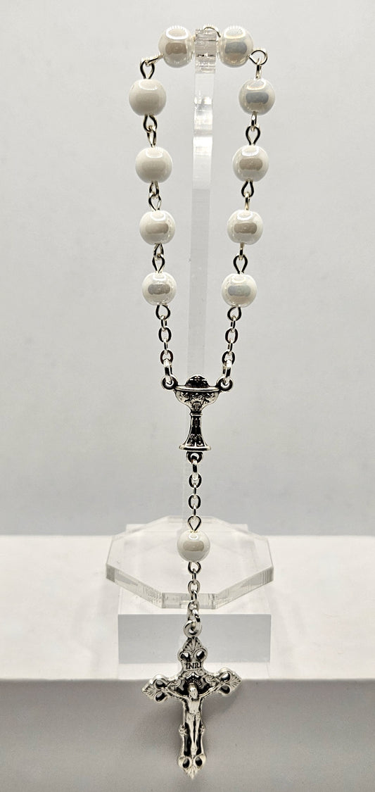 White Glass Pearl First Holy Communion Pocket Rosary
