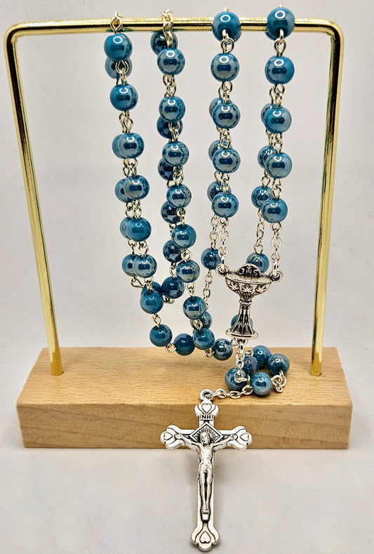 Blue Glass Pearl First Holy Communion Rosary