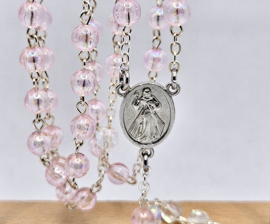 'Our Lady Queen of Peace & Divine Mercy' Light Pink Rosary
