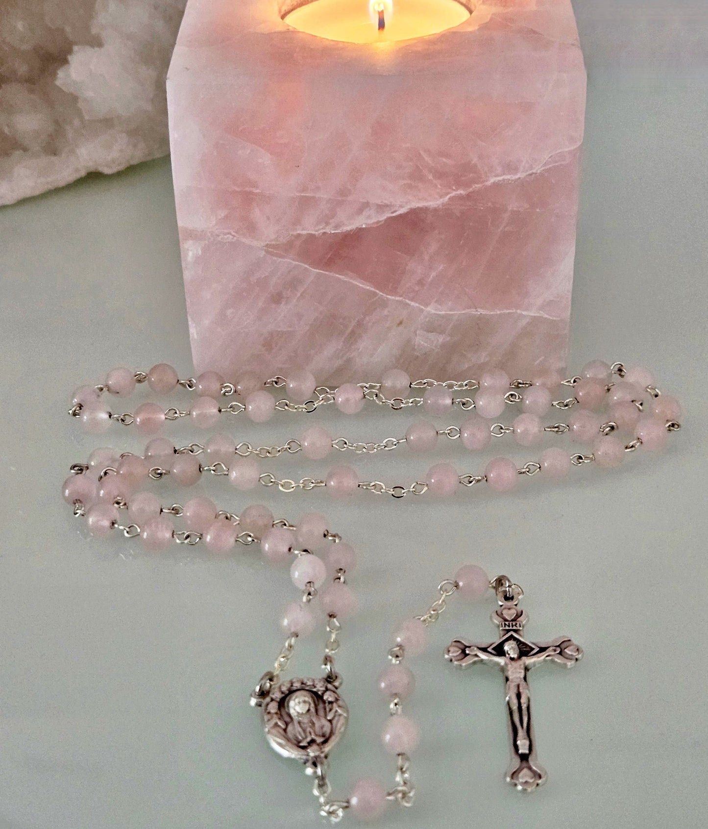 'Our Lady Queen of Angels' Rose Quartz Rosary