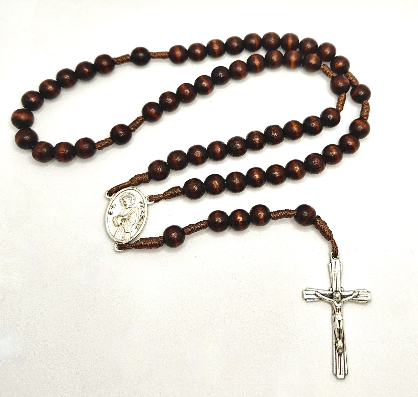 'St. Francis & St. Anthony' Brown Wooden Cord Rosary