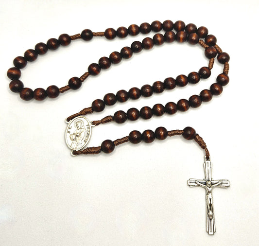 'St. Francis & St. Anthony' Brown Wooden Cord Rosary