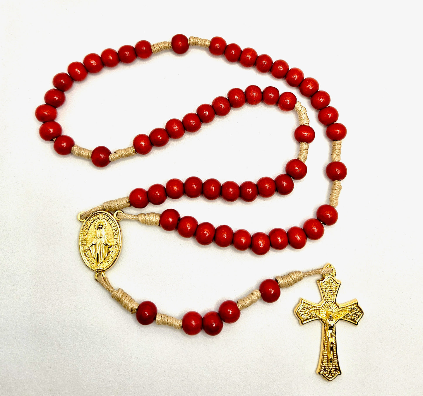 'Miraculous Medal' Red Wooden Cord Rosary