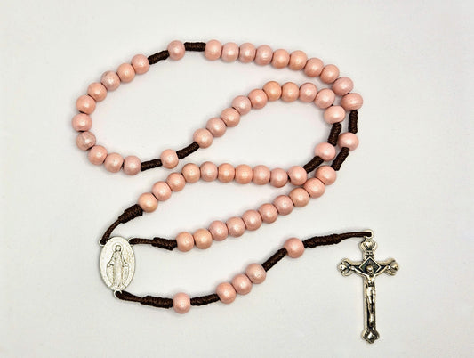 'Miraculous Medal' Pink Wooden Cord Rosary