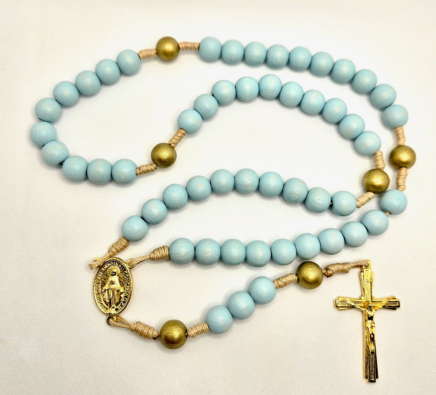 'Miraculous Medal' Blue and Gold Wooden Cord Rosary
