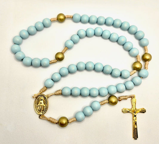 'Miraculous Medal' Blue and Gold Wooden Cord Rosary