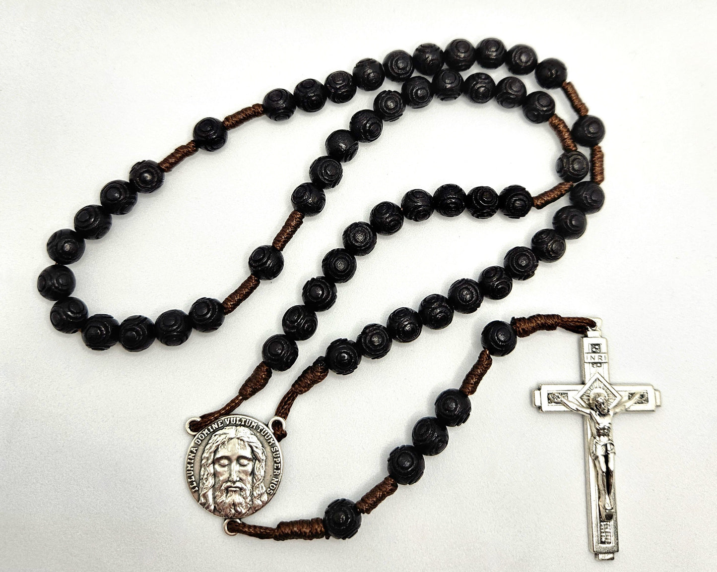 'Holy Face Of Jesus' Black Carved Wooden Cord Rosary