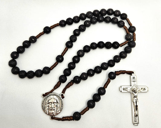 'Holy Face Of Jesus' Black Carved Wooden Cord Rosary