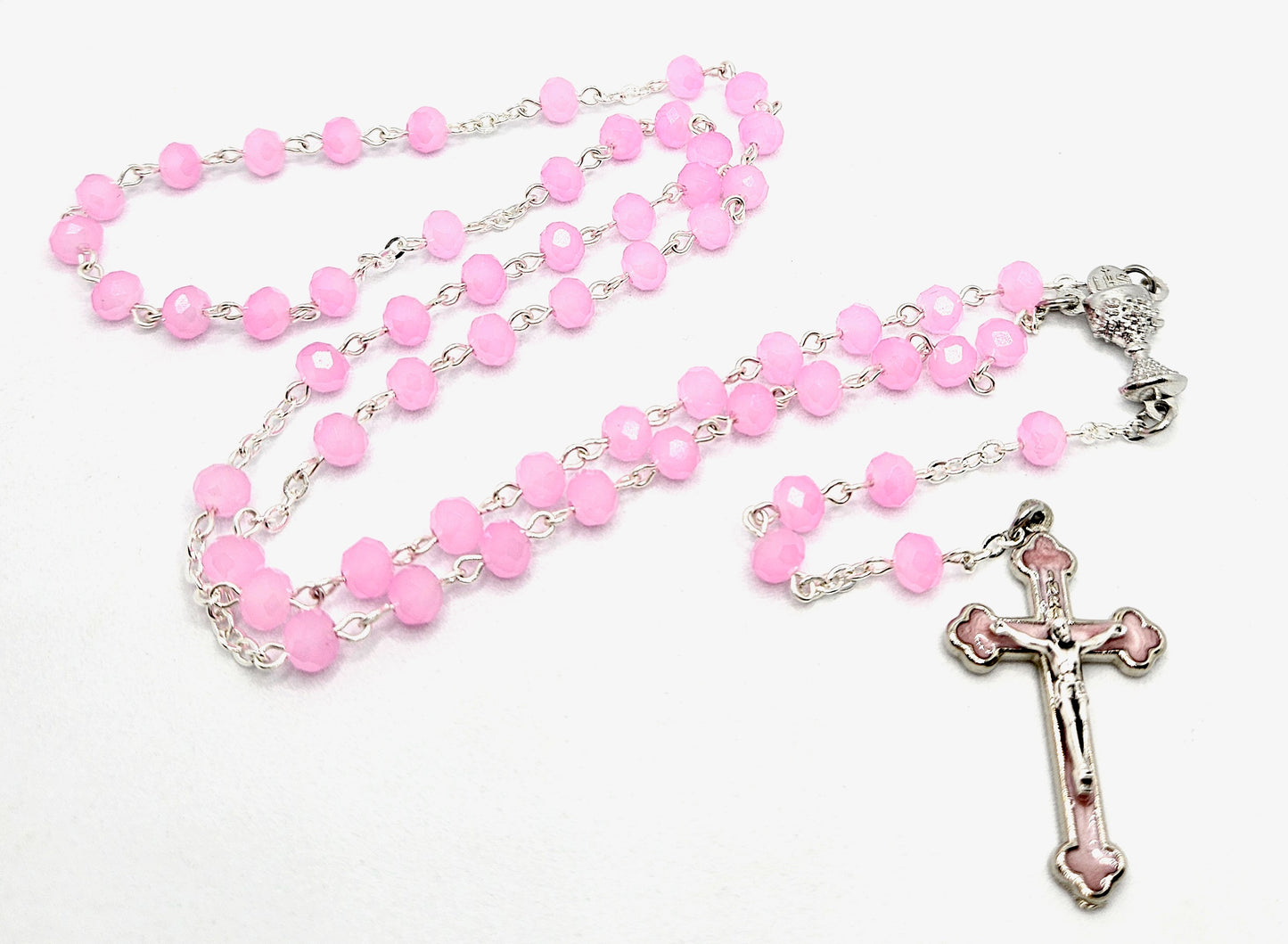 Opaque Pink 'First Holy Communion & Eucharist' Rosary