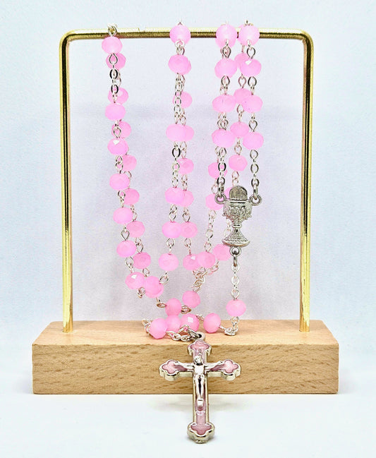 Opaque Pink 'First Holy Communion & Eucharist' Rosary