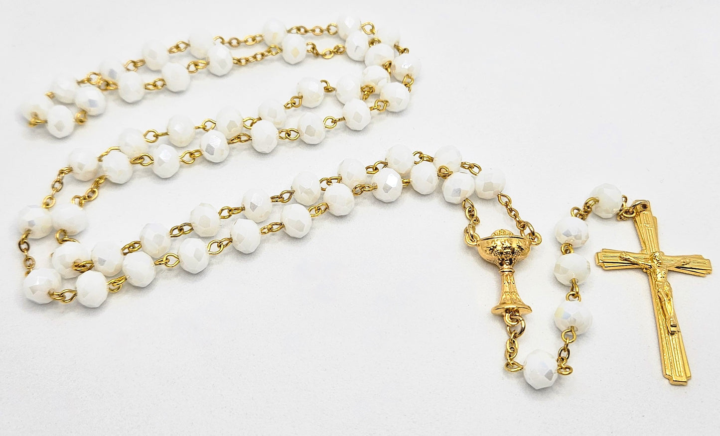 White & Gold 'First Holy Communion & Eucharist' Large Rosary