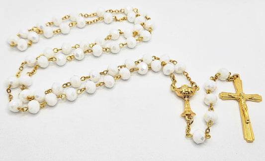 White & Gold 'First Holy Communion & Eucharist' Large Rosary