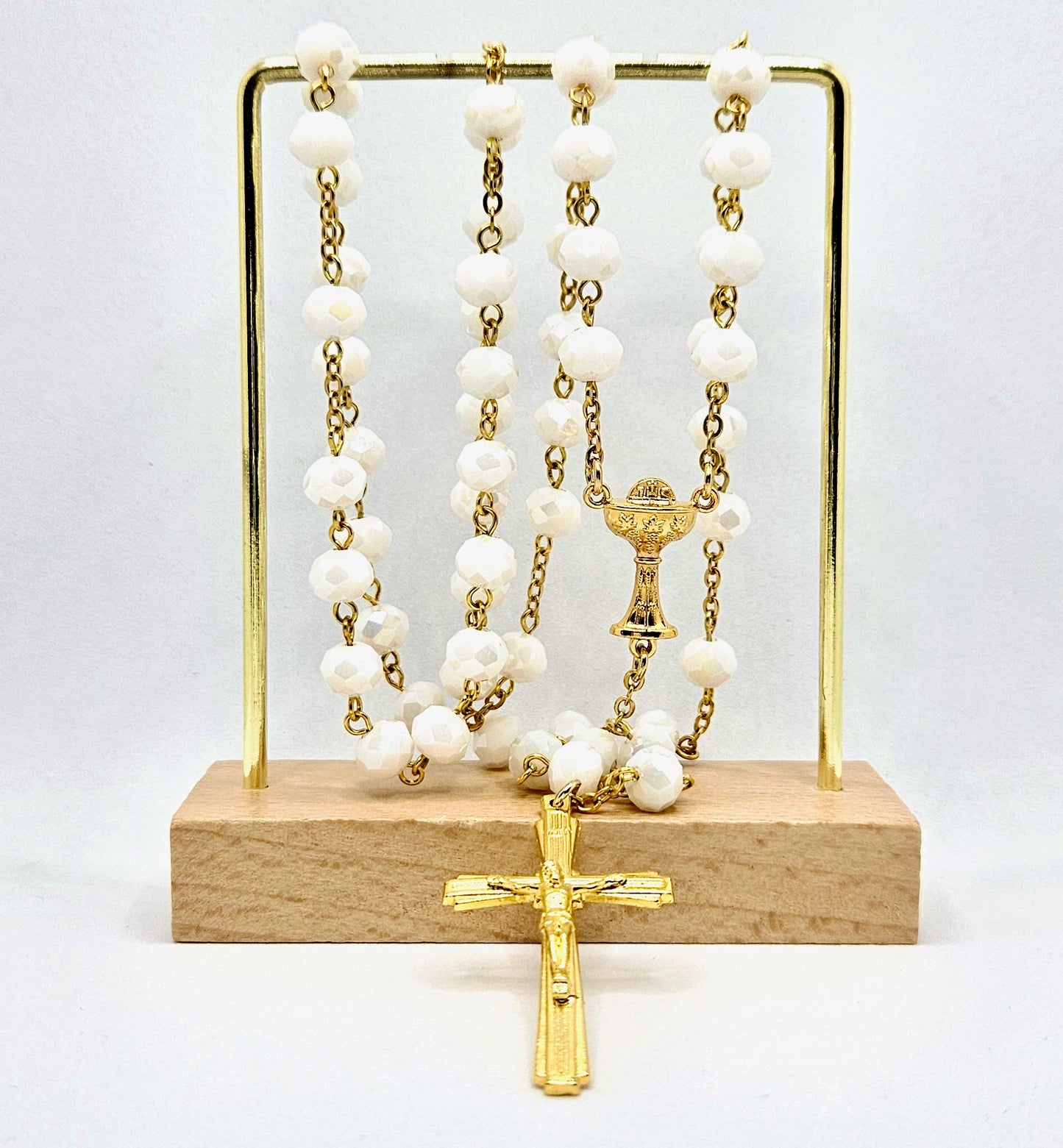 White & Gold 'First Holy Communion & Eucharist' Large Rosary