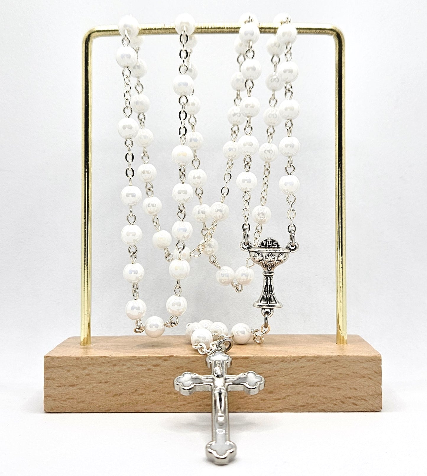 White Glass Pearl 'First Holy Communion & Eucharist' Rosary