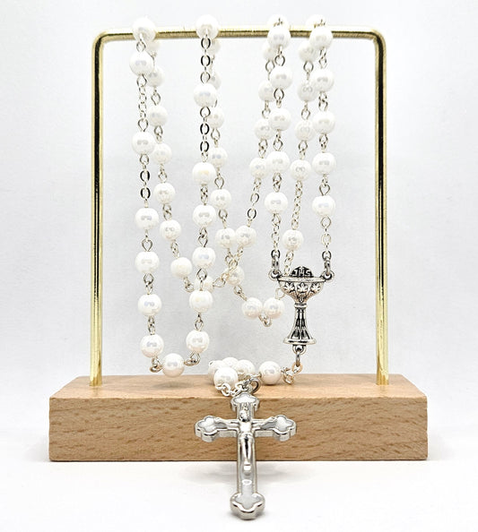 White Glass Pearl 'First Holy Communion & Eucharist' Rosary