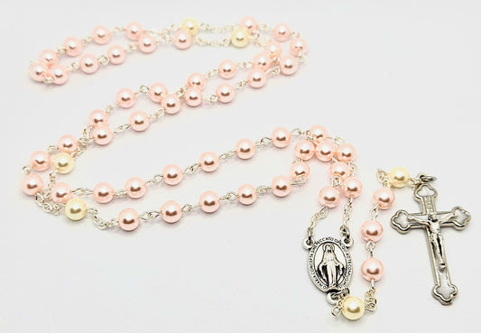 'Miraculous Medal' Pink Glass Pearl Rosary