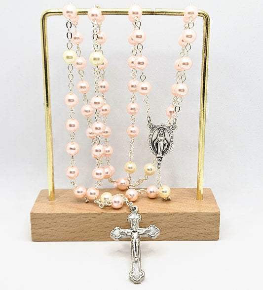 'Miraculous Medal' Pink Glass Pearl Rosary