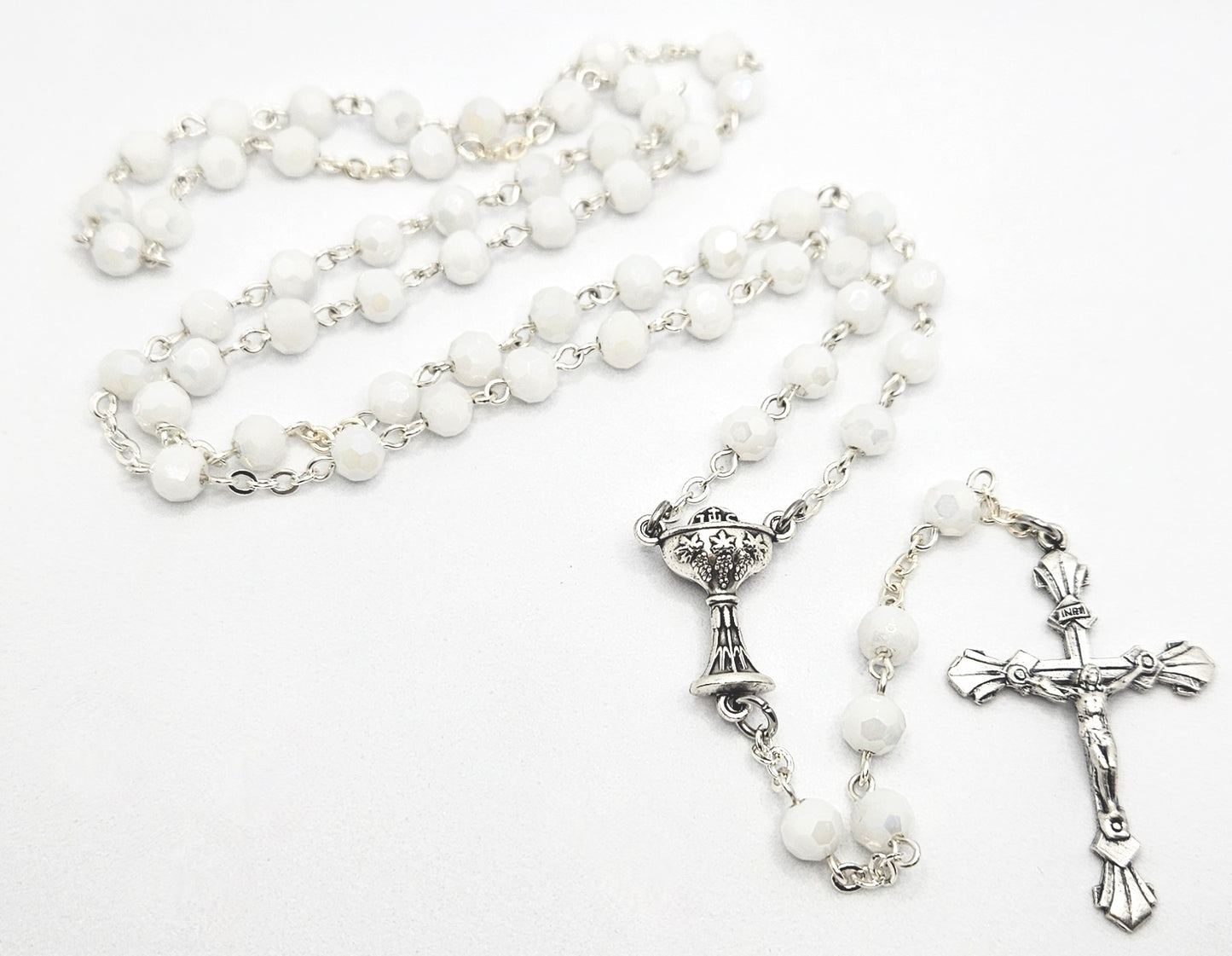 White Iridescent 'First Holy Communion & Eucharist' Rosary