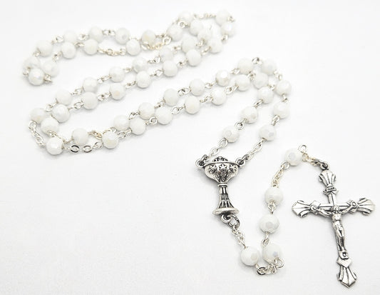 White Iridescent 'First Holy Communion & Eucharist' Rosary