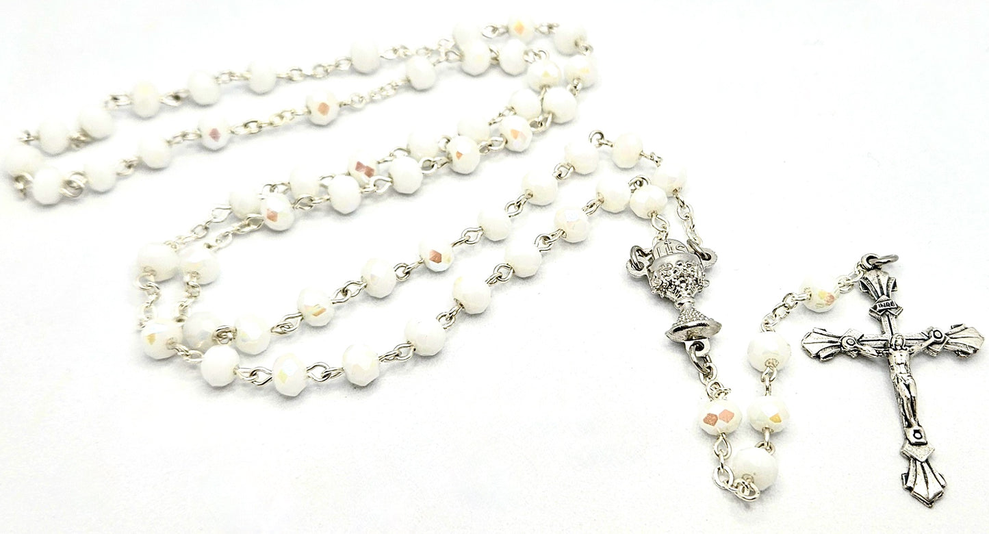 White Iridescent 'First Holy Communion & Eucharist Rosary'