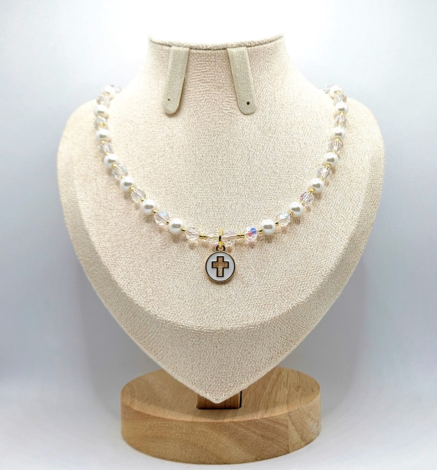Pearl & Crystal Necklace With Gold Plated Cross Pendant