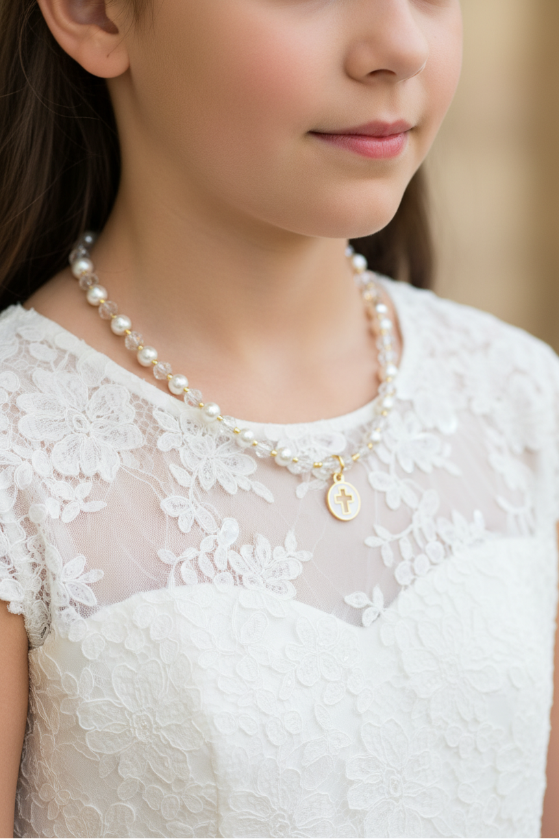 Pearl & Crystal Necklace With Gold Plated Cross Pendant