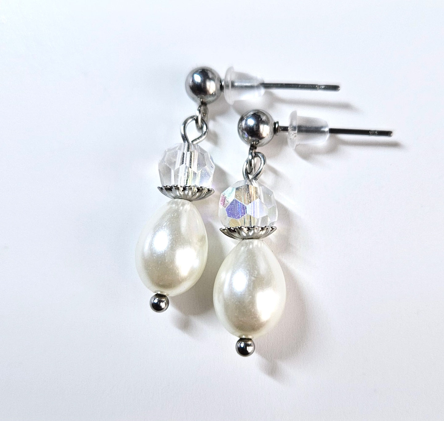 Polished Stainless Steel Pearl & Crystal Stud Earrings
