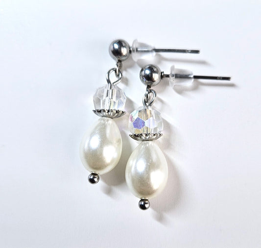 Polished Stainless Steel Pearl & Crystal Stud Earrings