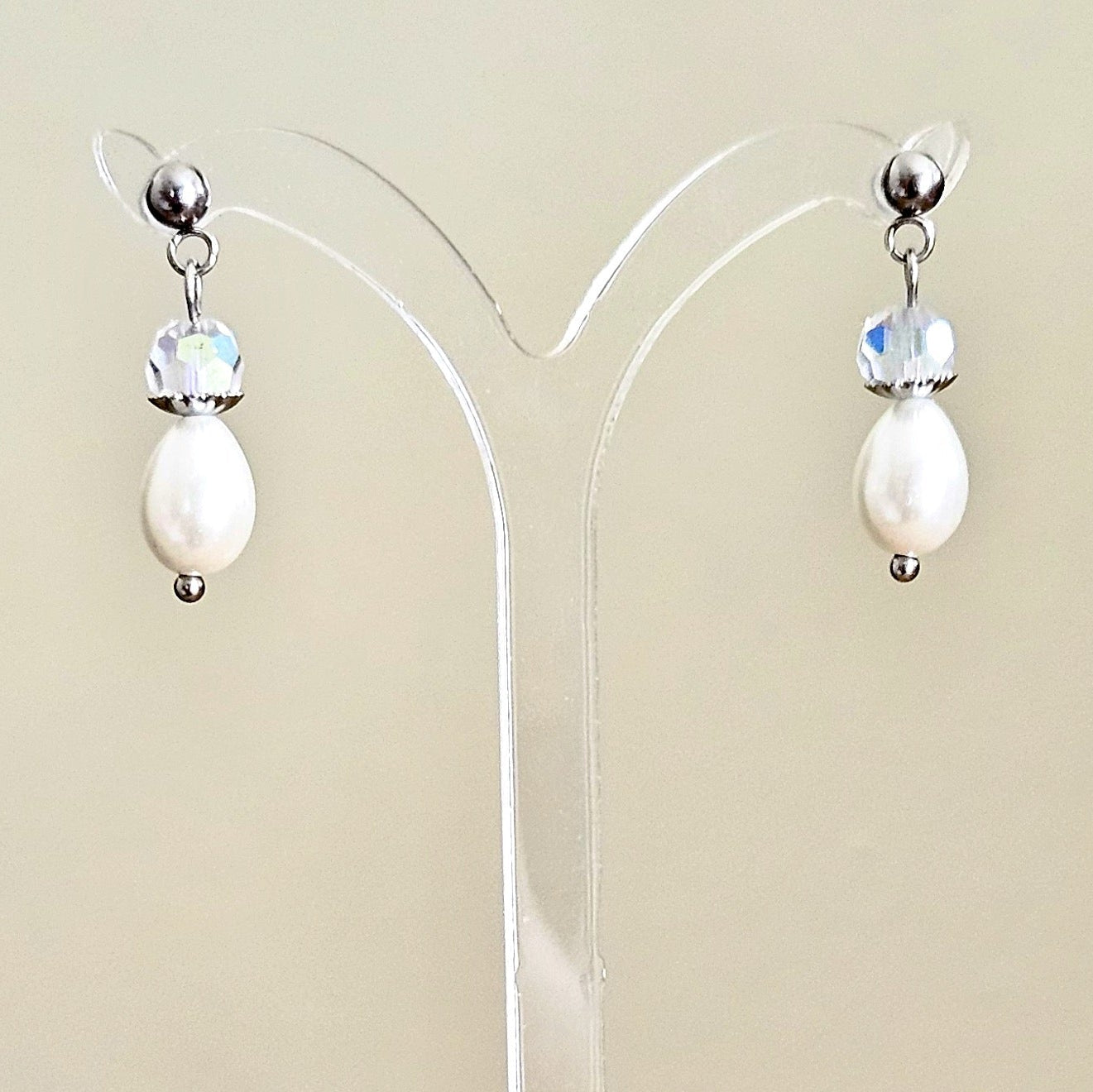 Polished Stainless Steel Pearl & Crystal Stud Earrings